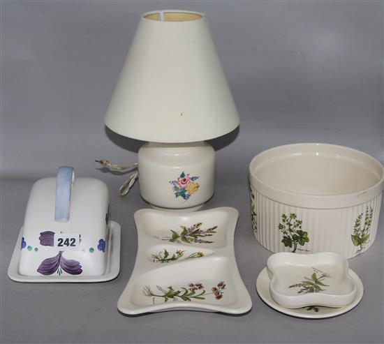 A Poole pottery lamp, Poole Country Laye items and an E Radford cheese dish and cover